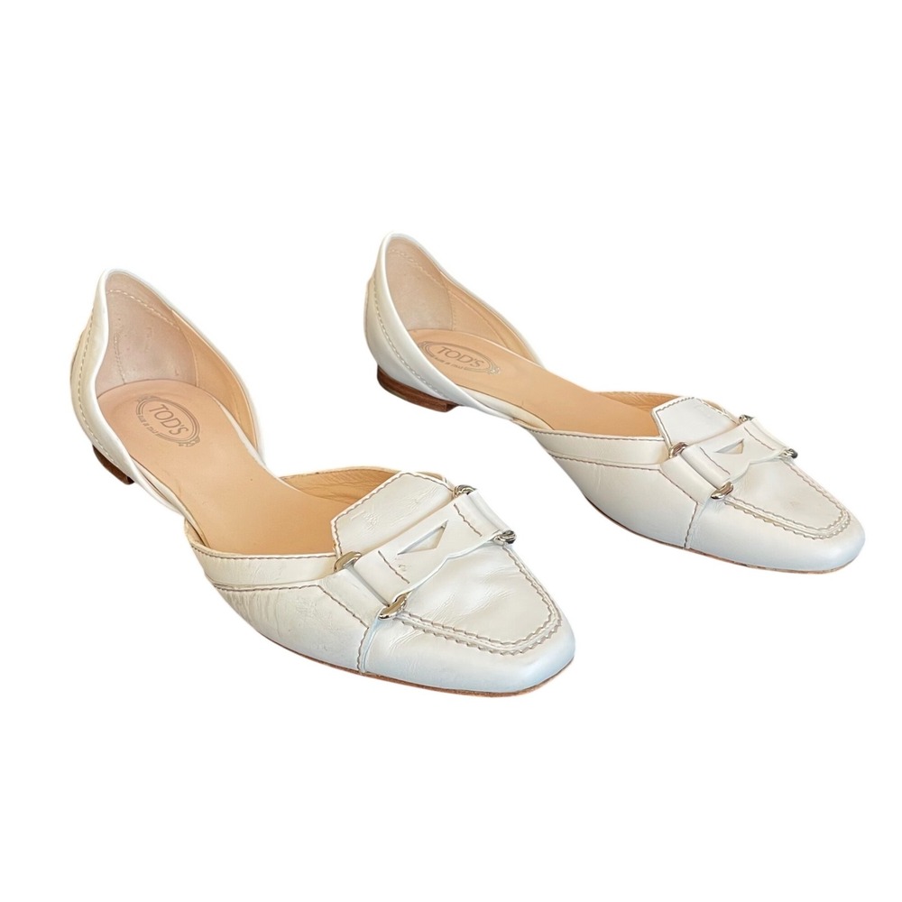 Tods Womens White Leather D'Orsay Loafer Flats Square Toe Italy Size 38.5